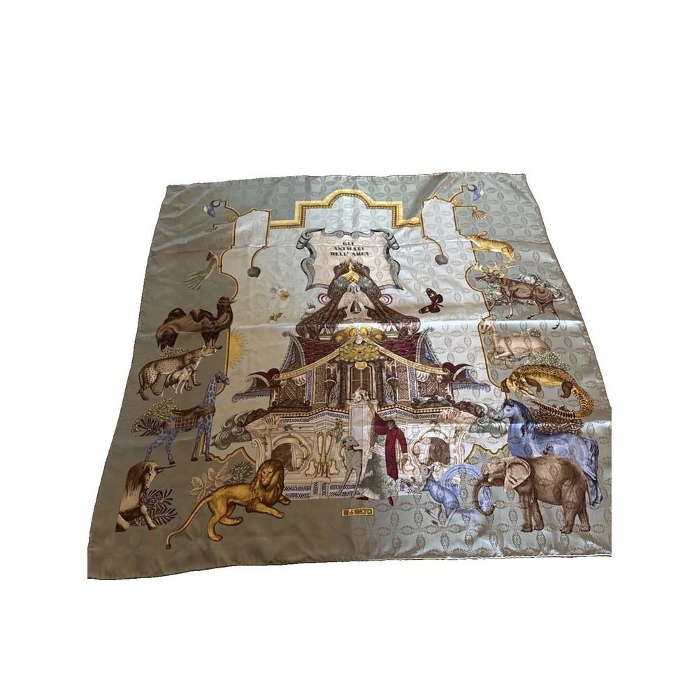 VtgPure Silk Italian Scarf Animals Of The  Ark Ri di Ratti Hand Rolled  34"x 34"